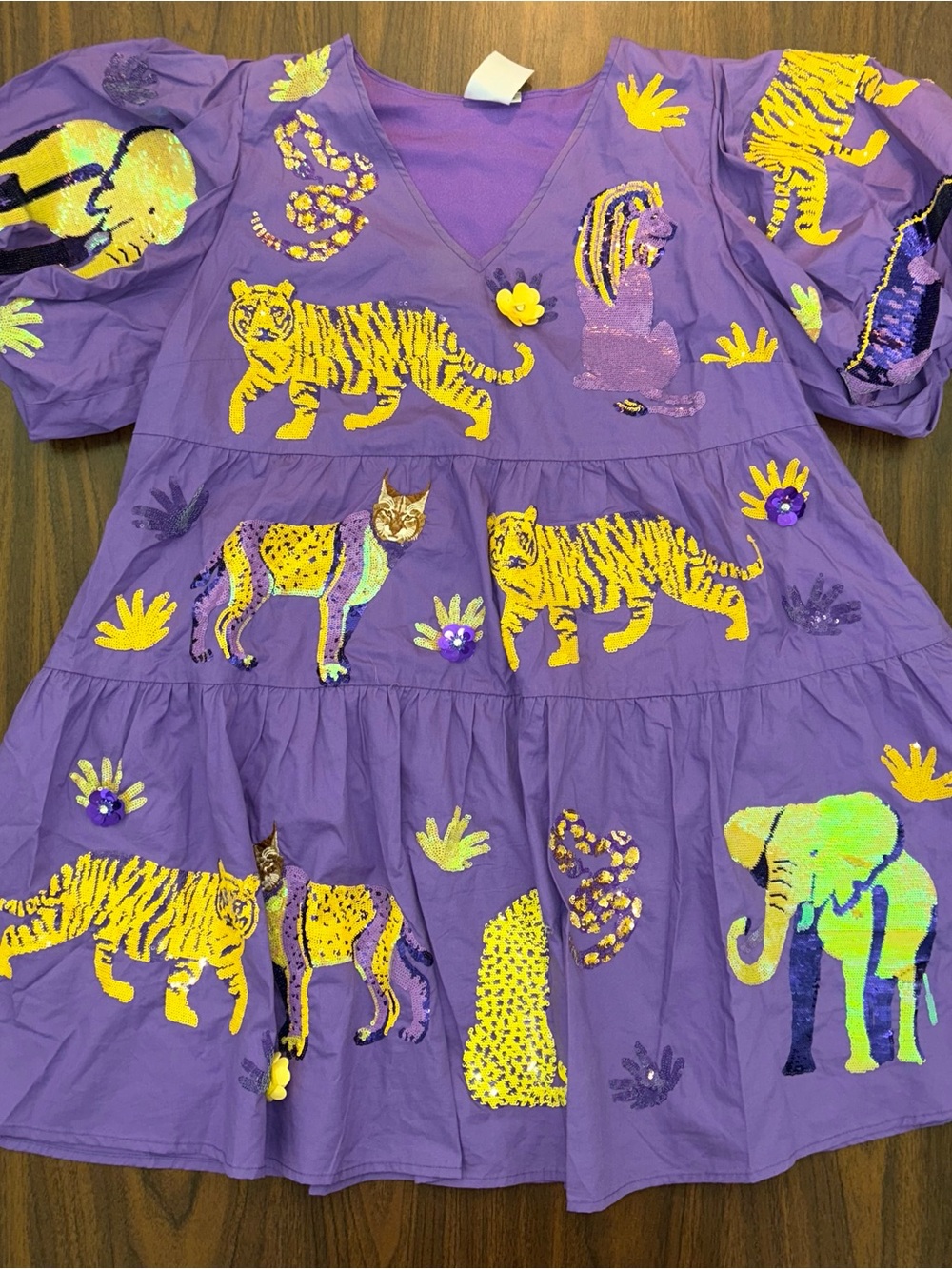 QUEEN OF SPARKLES Purple Tiered Animal Appliqué Dress